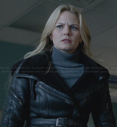 Emma's black leather belted jacket on Once Upon a Time