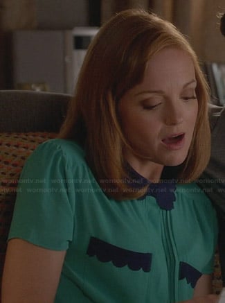 Emma's green top with navy blue scalloped collar and pocket detail on Glee