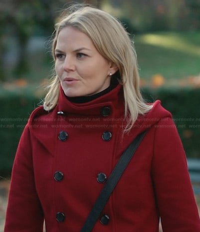 Emma's red hooded funnel-neck coat on Once Upon a Time
