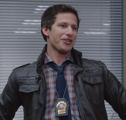 Jake's blue and red checked shirt and brown leather jacket on Brooklyn Nine-Nine