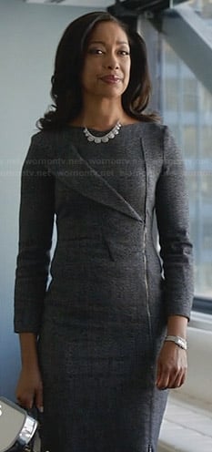 Jessica's grey long sleeved dress with zip and fold front on Suits