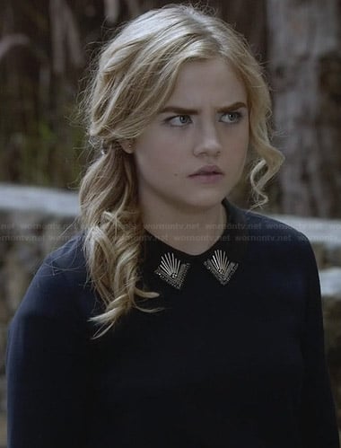 Jo's navy blue dress with embellished collar on Twisted