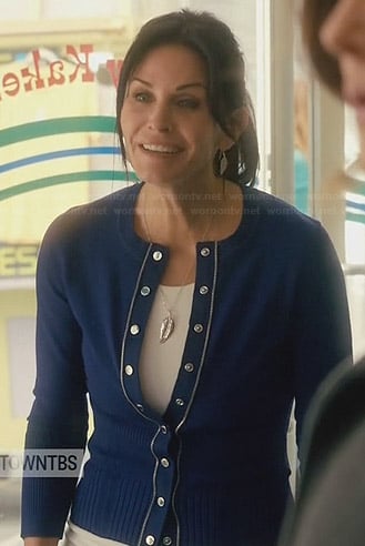 Jules's blue cardigan with metal trim on Cougar Town