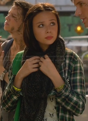 Julia's dog print tee and green plaid shirt on Star-Crossed