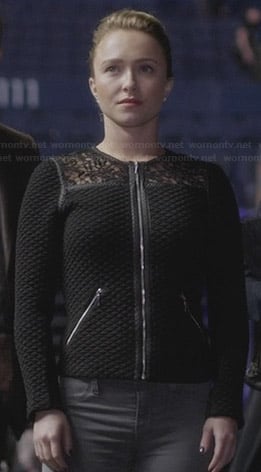 Juliette's black quilted jacket with lace panels on Nashville