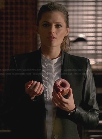 Kate's black blazer with leather sleeves on Castle