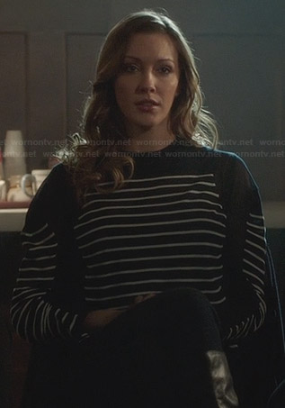 Laurel's navy mesh striped sweater on Arrow
