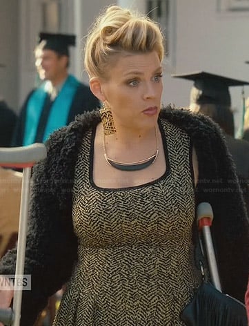 Laurie's yellow and black printed dress and fur bolero on Cougar Town