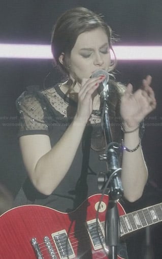 Layla's sheer black embellished polka dot top on Nashville