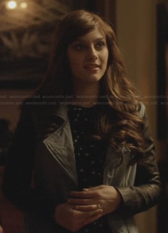 Layla's denim moto jacket with leather sleeves on Nashville