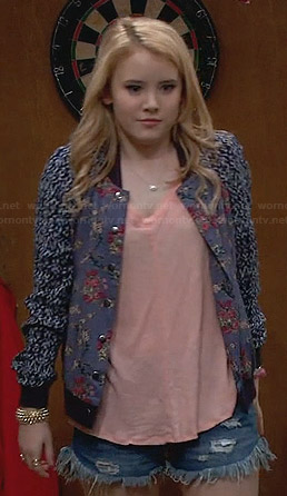 Lennox's mixed print bomber jacket and frayed denim shorts on Melissa and Joey