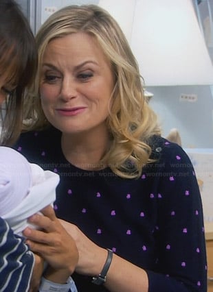 Leslie's navy blue sweater with purple embroidered dots on Parks and Recreation