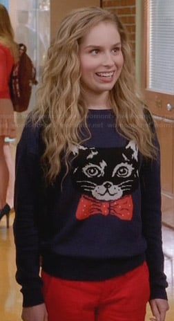 Lisa's cat with a bow tie sweater on Suburgatory