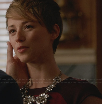 Margaux's purple colorblock dress and silver flower necklace on Revenge