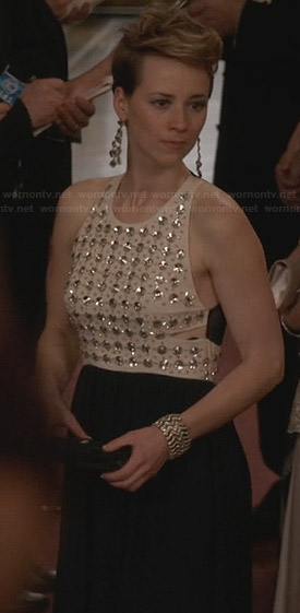 Margaux's navy and cream crystal studded gown on Revenge