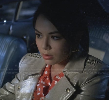 Mona's orange polka dot shirt and metallic leather jacket on Pretty Little Liars