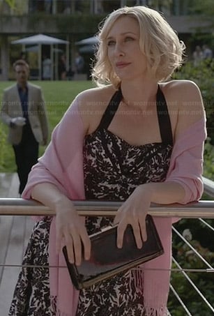 Norma's black and white floral halterneck dress on Bates Motel