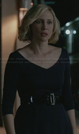 Norma's navy blue v-neck dress on Bates Motel