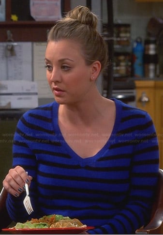 Penny's blue striped v-neck sweater on The Big Bang Theory
