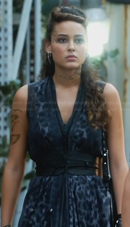 Teri's blue leopard print dress on Star-Crossed