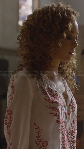 Zoey's white and red embroidered peasant top on Nashville
