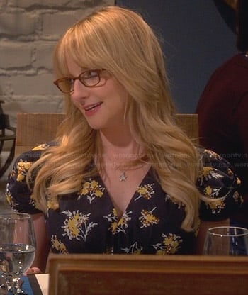 Bernadette's black and yellow floral v-neck dress on The Big Bang Theory