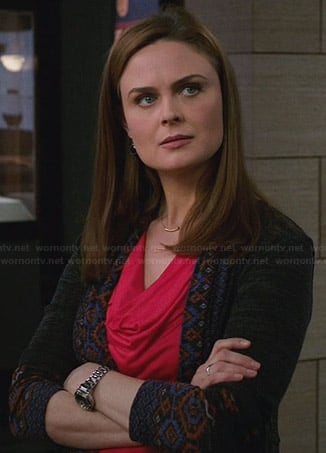 Brennan's grey cardigan with patterned trim on Bones