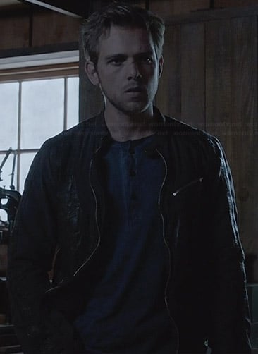Dylan's black leather patch jacket on Bates Motel