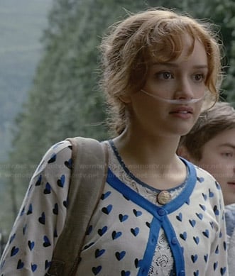 Emma's blue heart print cardigan on Bates Motel