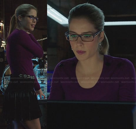 Felicity's purple sweater with shoulder bows on Arrow