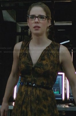 Felicity's yellow zip front animal print dress on Arrow