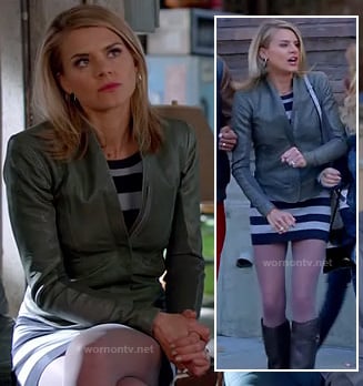 Jane's striped dress and grey leather jacket and boots on Happy Endings
