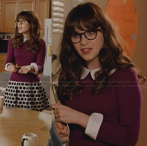 Jess's purple peter pan collar sweater and polka dot skirt on New Girl