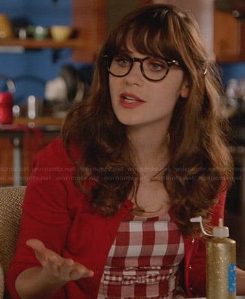 Jess's red gingham check dress with bows on New Girl