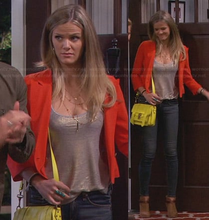 Jules's orange blazer, yellow bag and tan ankle boots on Friends with Better Lives