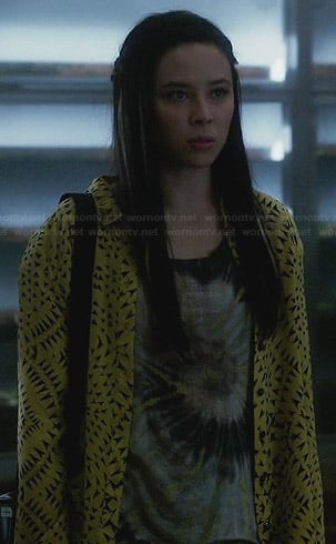 Julia's tie dye tee and yellow printed shirt on Star-Crossed