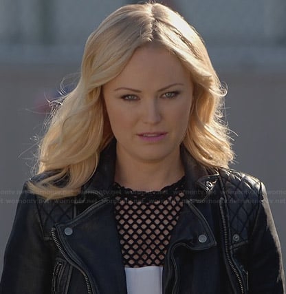 Kate's leather jacket with quilted shoulders on Trophy Wife