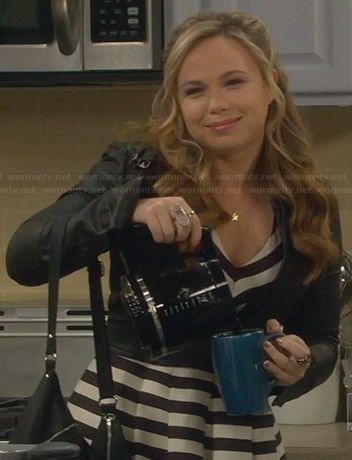 Kristin's striped v-neck dress and cropped leather jacket on Last Man Standing