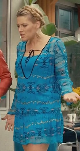 Laurie's blue embroidered tie-neck dress on Cougar Town
