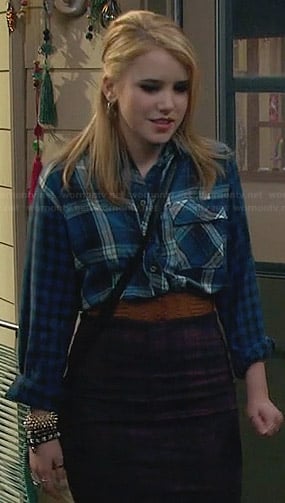 Lennox's blue plaid shirt and checked pencil skirt on Melissa and Joey