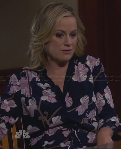 Leslie's navy blue and pink orchid print dress on Parks and Recreation