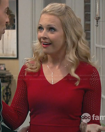 Mel's red peplum top with mesh sleeves on Melissa and Joey