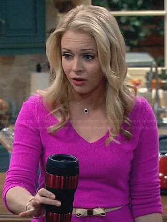 Mel's pink v-neck sweater and bow belt on Melissa and Joey