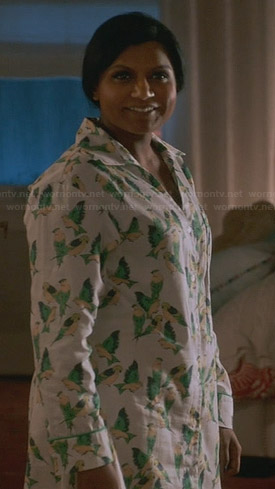Mindy's green bird print pajama shirt on The Mindy Project