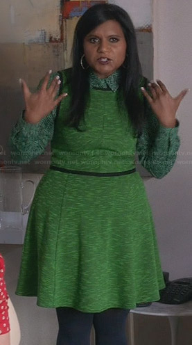 Mindy's green printed shirt and dress on The Mindy Project