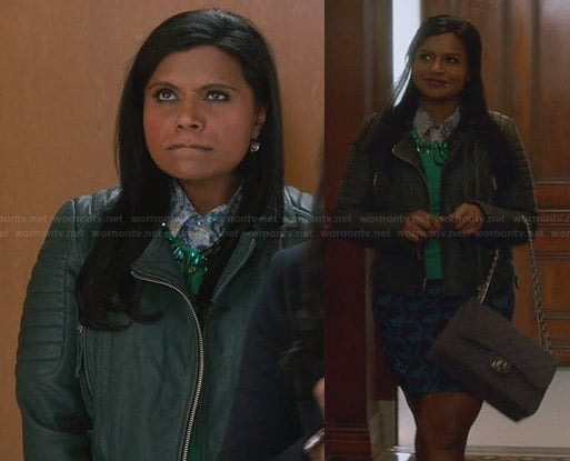 Mindy's green leather jacket and polka dot skirt on The Mindy Project