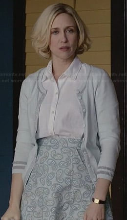 Norma's mint green cardigan and paisley print skirt on Bates Motel