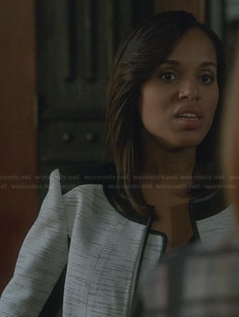 Olivia's white tweed jacket with black shoulders and trim on Scandal