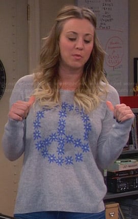 Penny's grey floral peace sign sweater on The Big Bang Theory