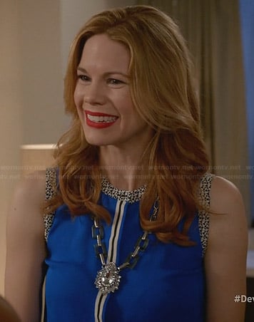 Peri's blue stripe front top with printed trim on Devious Maids